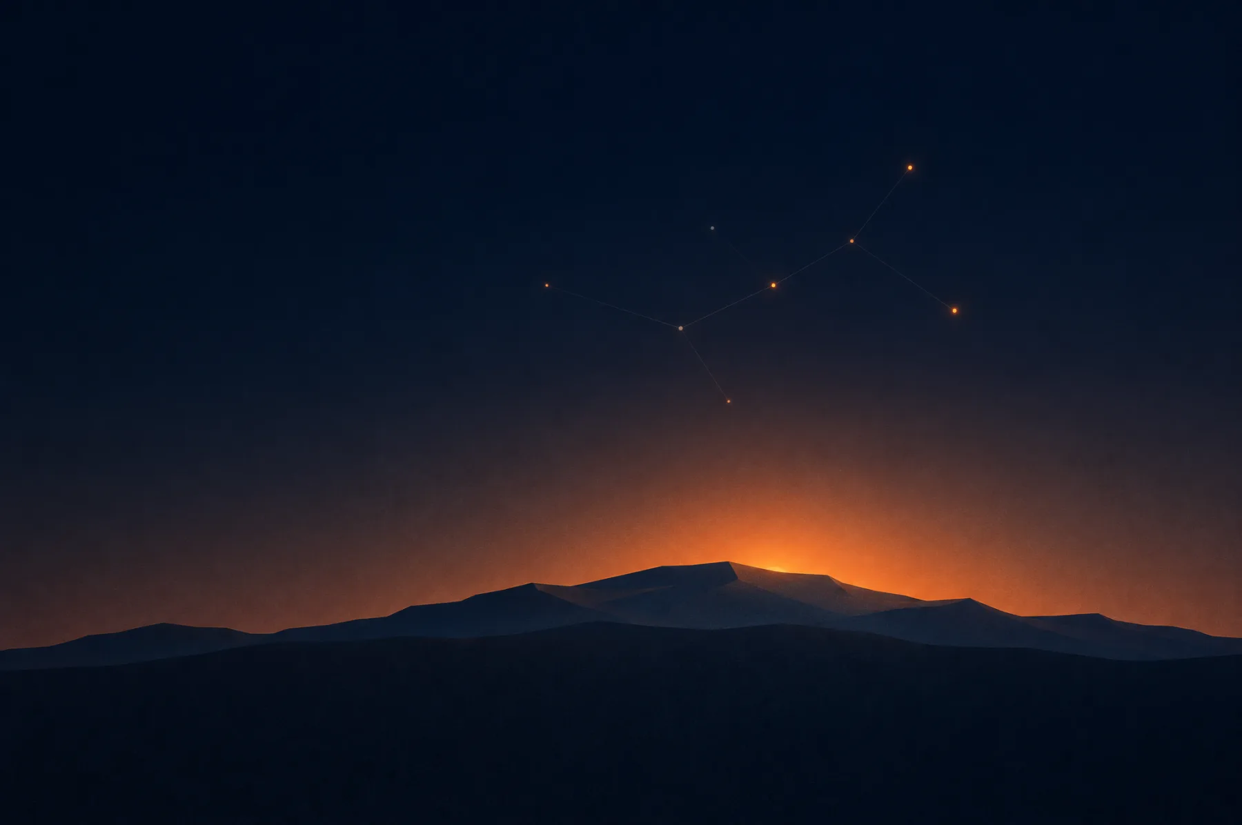 A calm mountain ridge at sunset in ember orange and deep navy