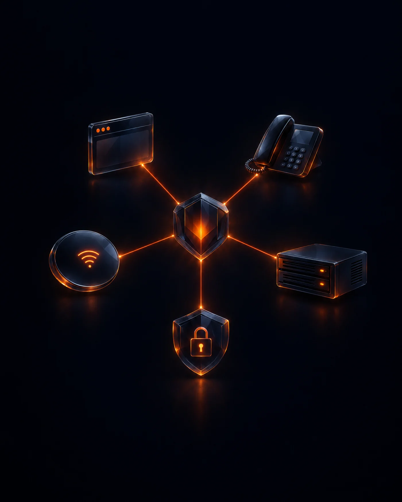A website, a desk phone, a Wi-Fi access point, a server and a security shield, all linked by glowing lines to one central hub